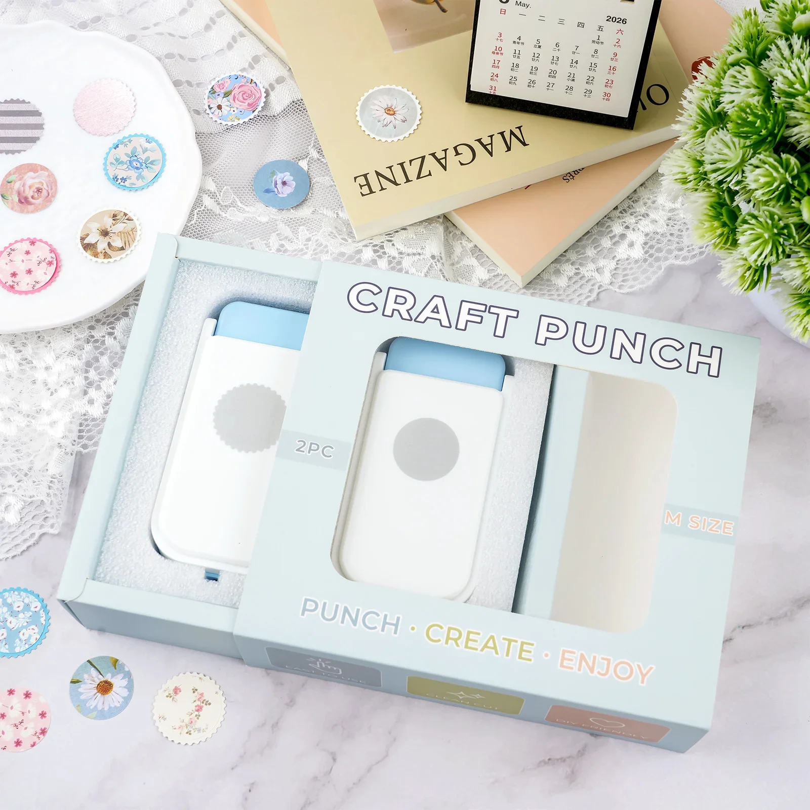Bundle Set Layering Postage Stamp Circle Paper Punch 1inch Scallop Circle Lever Puncher Tool for Scrapbooking Card Making Crafts