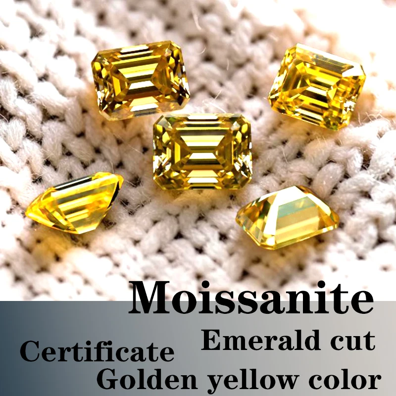 

Moissanite Gemstone VVS1 Emerald Cut Golden Yellow Color Certificate Synthetic Gemstone