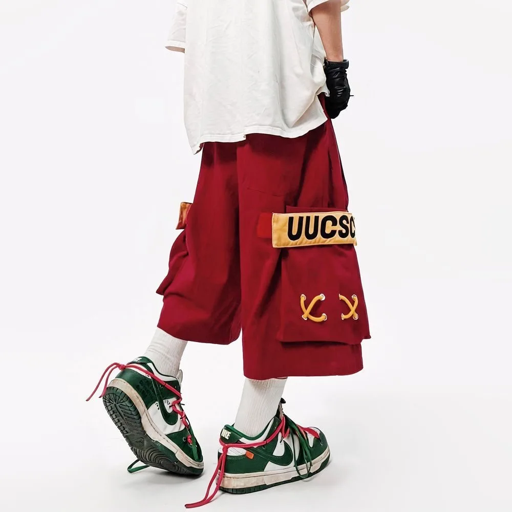 Patchwork Cargo Shorts Mens Streetwear Hip Hop Pants Pocket Drawstring Harajuku Vintage Baggy Casual Wide-leg Sport Short Male