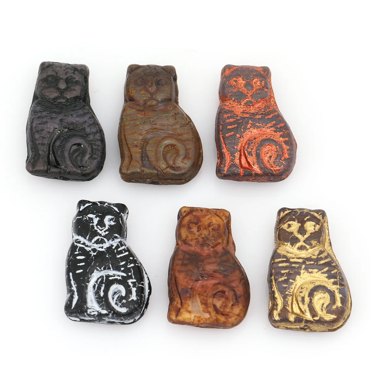 2pcs/6pcs Random Color Vintage Embossed Cat Glass Beads, 12×18mm Mottled Sitting Kitten Loose Beads