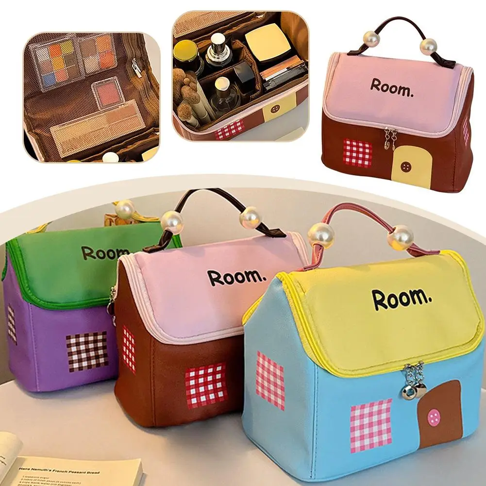 Portable Large Capacity Small House Shaped makeup bag Durable Oxford cloth Dopamine Color Travel Makeup Handbag