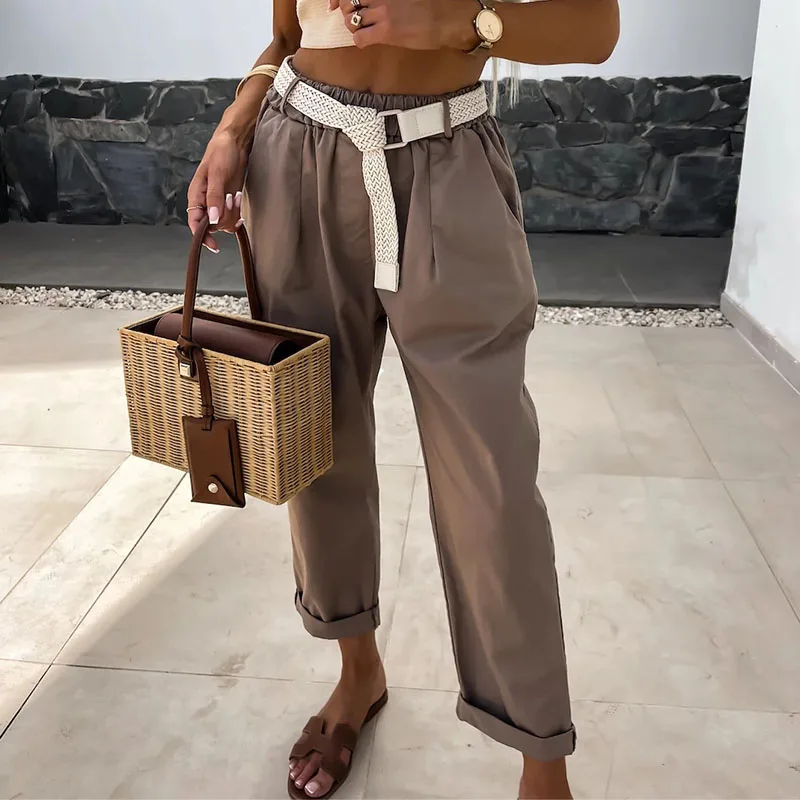 

Fashion Hight Street Solid Loose Straight Pant Women Elegant Elastic Waist Belt Lace-up Long Trousers Casual Pocket Summer Pants