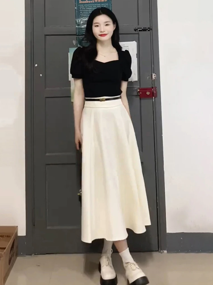 Slimming Summer Dr Set for Women Ele Cute Sle A-Line Skirt ort Sve Polyester Blend Fabric Holiday Wear