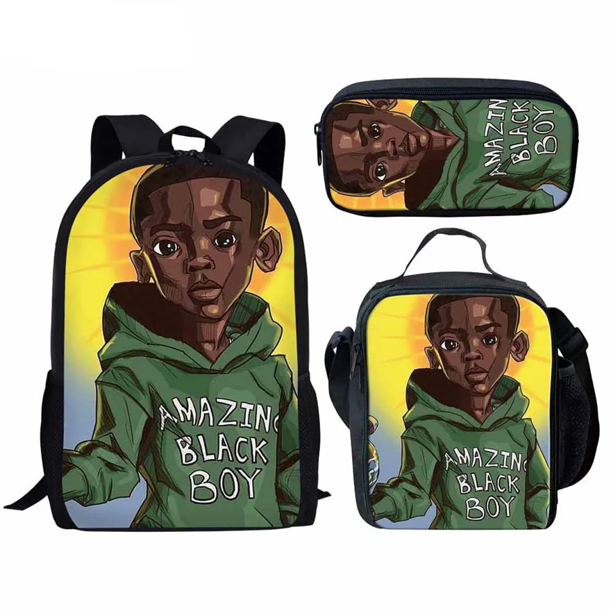 African Boy Print Backpack Children Backpacks Set Teen School Bag Black Boy Large Capacity Travel Bag Kids Pencil Case Lunch Bag