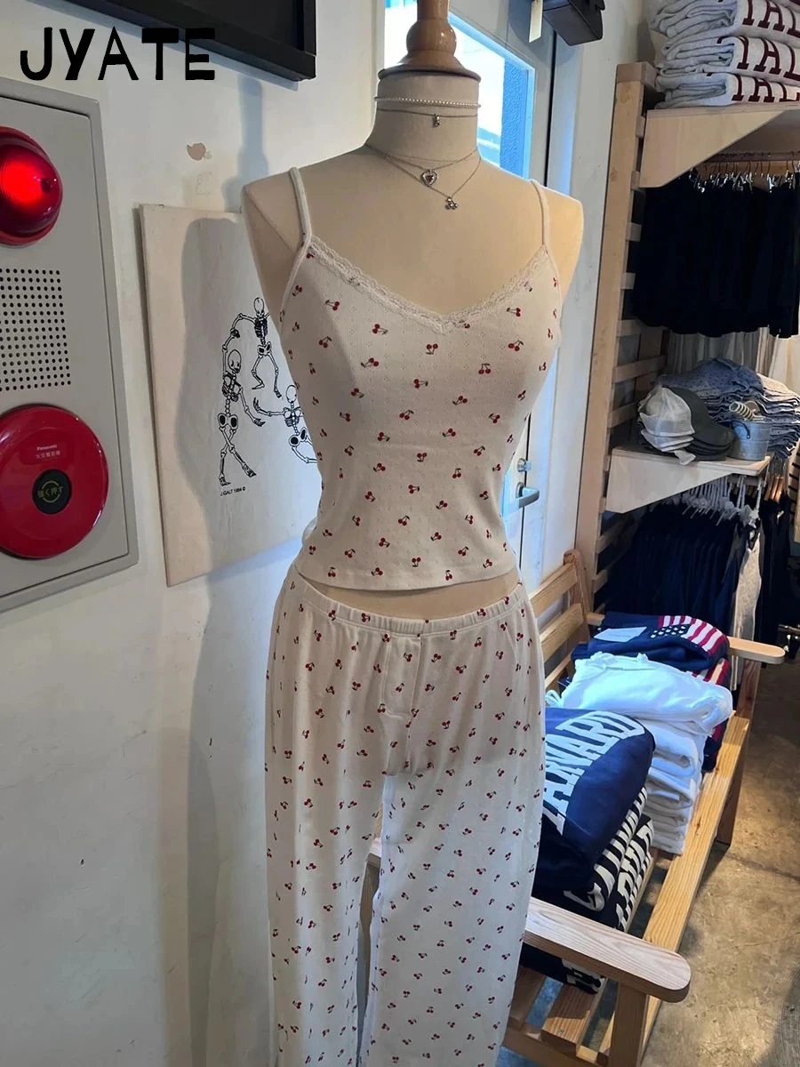 Sweet Cherry Print Pajama Sets Women Summer New Cotton Soft Casual Eyelet Tank Tops+Long Pants Vintage Cute Cozy 2 Piece Set Y2K