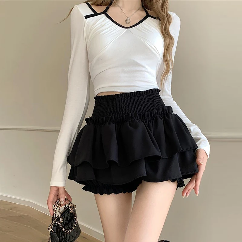 Mini Skirt Cute Sexy Balletcore Elastic High Waist Ball Gown Ruffle Patchwork Lolita Skirt Short Korean Sweet Y2K Women Clothing