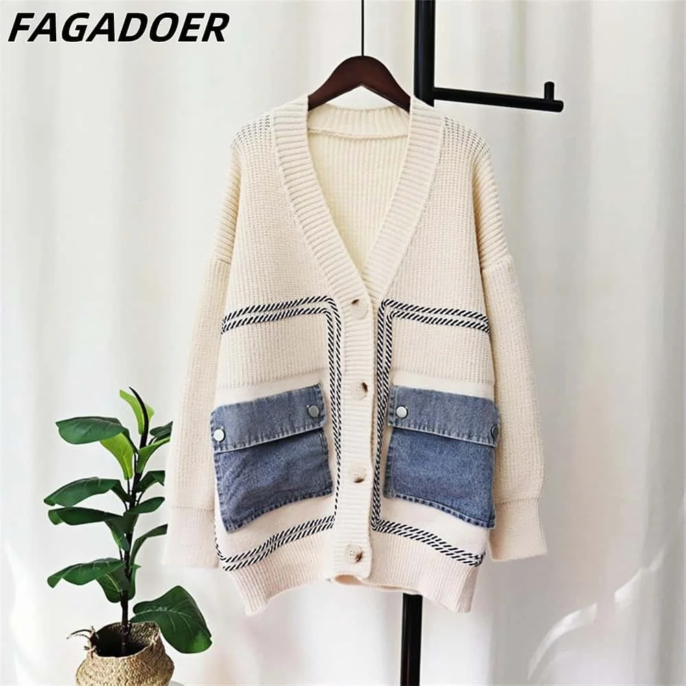 FAGADOER White Fashion Knitted Sweater Stitching Tops Women V Neck Button Long Sleeve Loose Coats Female Solid Cardigan Clothing