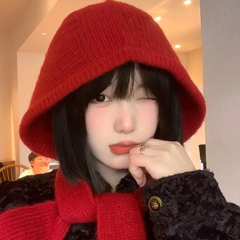 Korean Ins Scarf Integrated Balaclava Hats for Women Autumn and Winter Thickened Warm Versatile Knitted Strap Red Bomber Caps