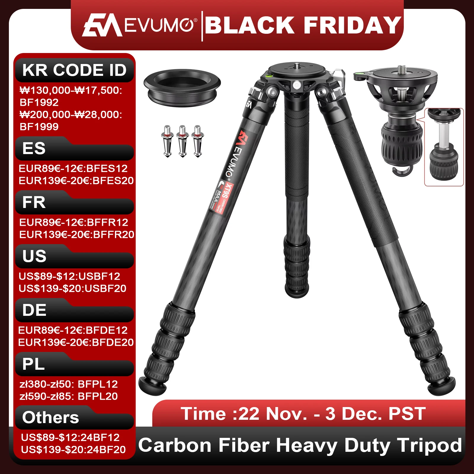 EVUMO XT9S Hunting Tripod for Camera Carbon Fiber Heavy Duty Tripod Professional Super Stable Birdwatching Camera Tripod Max40kg