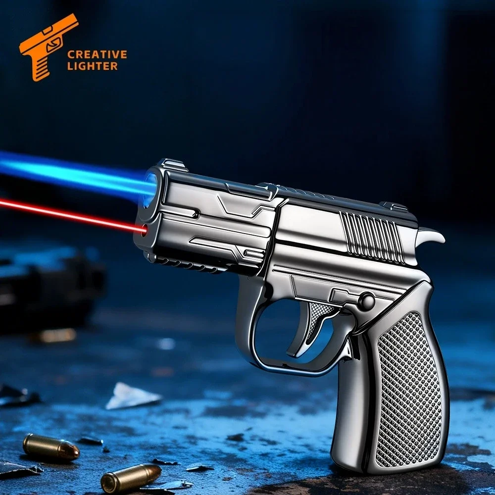 New Metal Pistol Shaped Inflatable Lighter Outdoor Windproof Jet Flame Direct Charge Personalized Play Lighter Smoking Gift