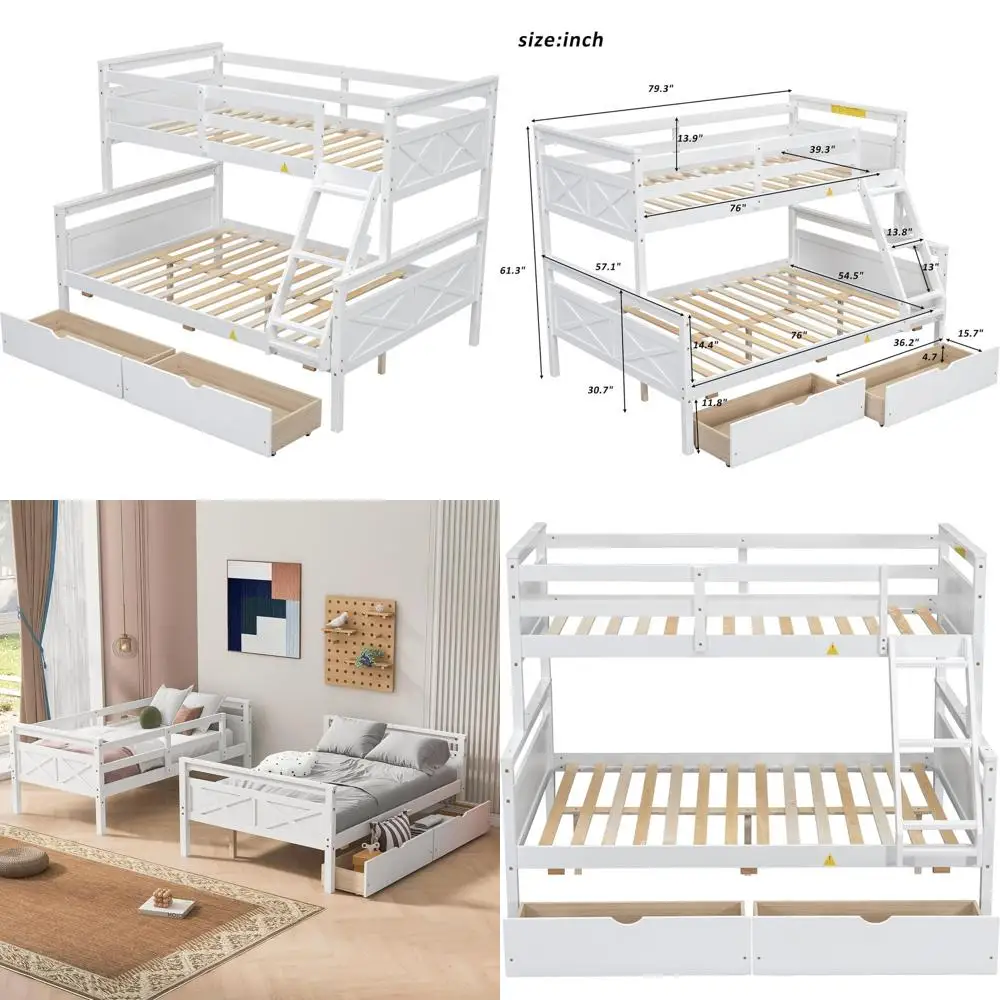 

Белая двухъярусная кровать из массива дерева с лестницей, защитным бортиком и выдвижными ящиками для хранения, подходит для детей и взрослых, трансформируется в две односпальные кровати