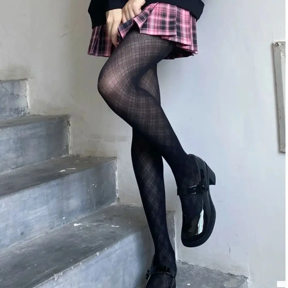 Sweet Leggings Plaid Pantyhose Black Solid Color Rhombus Lattice Stockings Korean Style Harajuku Mesh Stockings Girls