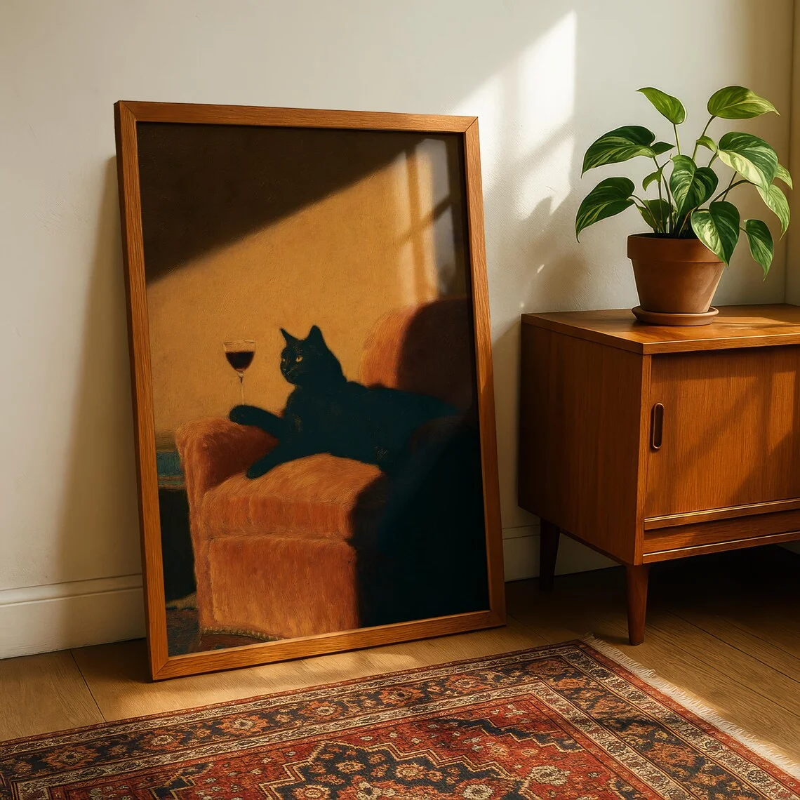 Black Cat with Wine Wall Print Decor - Cozy Oil Painting of a Black Cat Relaxing on an Orange Armchair with a Glass of Red Wine, image 2