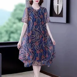 2025 New Vintage Round Neck Drawstring Bow Dresses Summer Loose A-Line Women's Clothing Casual Patchwork Short Sleeve Midi Dress