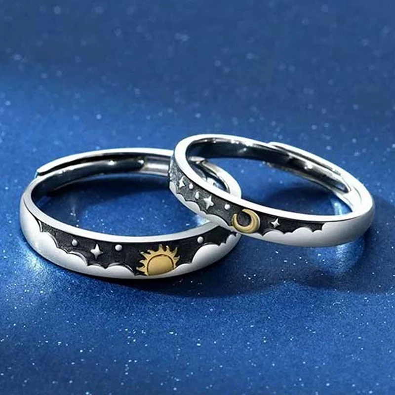 2 PCS/Set Couple Rings For Women Sun Moon Dolphin Wings Electrocardiogram Cross Matching Jewelry Finger Open Ring