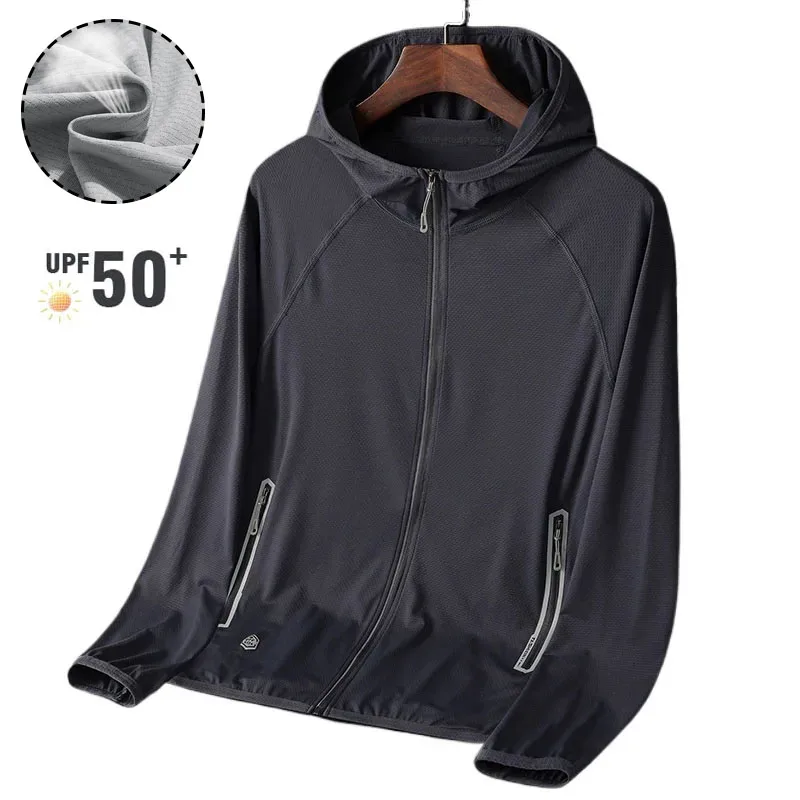 

Summer Men Hooded Sun Protection Jacket UPF 50+ Lightweight Breathable Zip Up Solid Color Outdoor Running Fitness Casual Coat