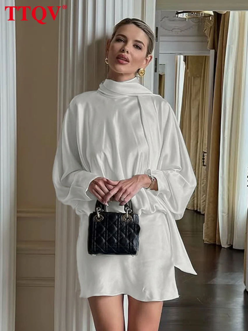 

TTQV Fashion Loose White Satin 2 Piece Set 2026 Elegant Long Sleeve Shirt With High Waist Mini Skirt Set Female Streetwear