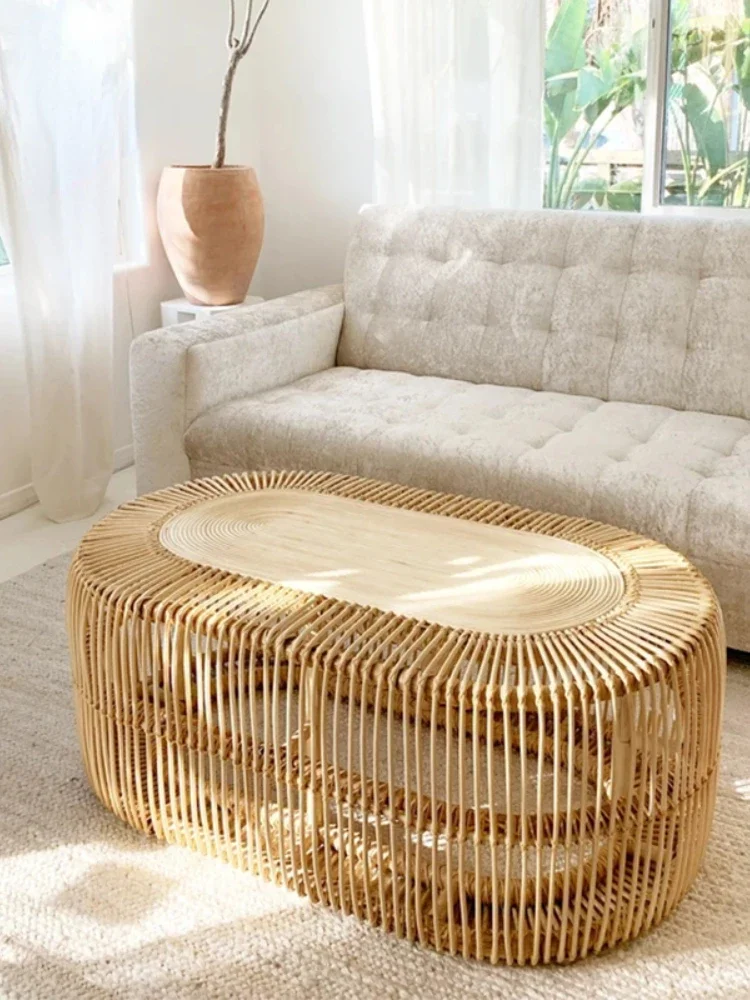 Oval Long End Table Rattan Handmade Tea Table Household