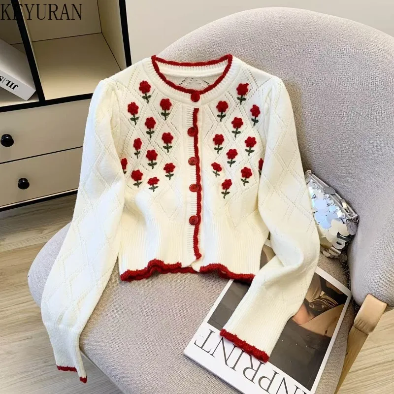 

2025 New Spring Autumn Flower Embroidery Knitted Cardigan Sweater Women V-neck Korean Retro Long Sleeve Knitwear Tops Outerwear