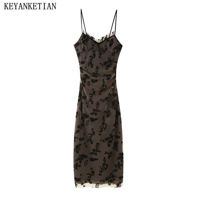 KEYANKETIAN 2025 New Women's Lace Jacquard Mesh Slip Dress Pleats Design Elegant Sexy Slim Bow Decoration Backless MIDI Dresses