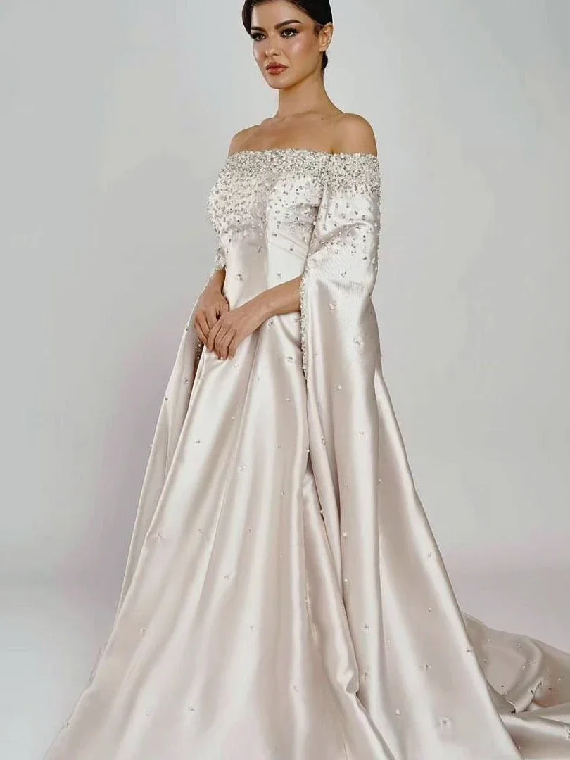 Saudi Arabia Evening Dresses Women Prom Dresses Elegant Sequined Crystal Beaded Boat Neck Wedding Formal Occasion Party Gowns