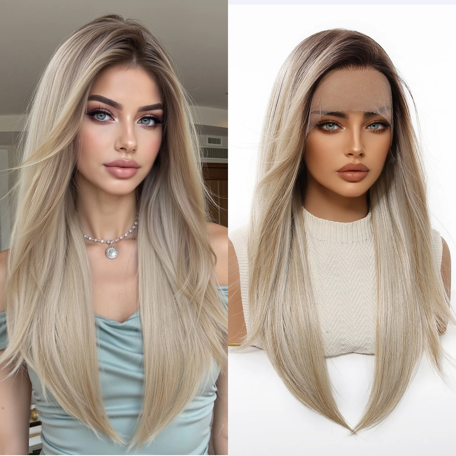 DWY Brown Blonde Ombre Straight Lace Synthetic Wigs for Women 22in Long Layered Natural Hair Wigs With Dark Roots 13*6 Lace Hair