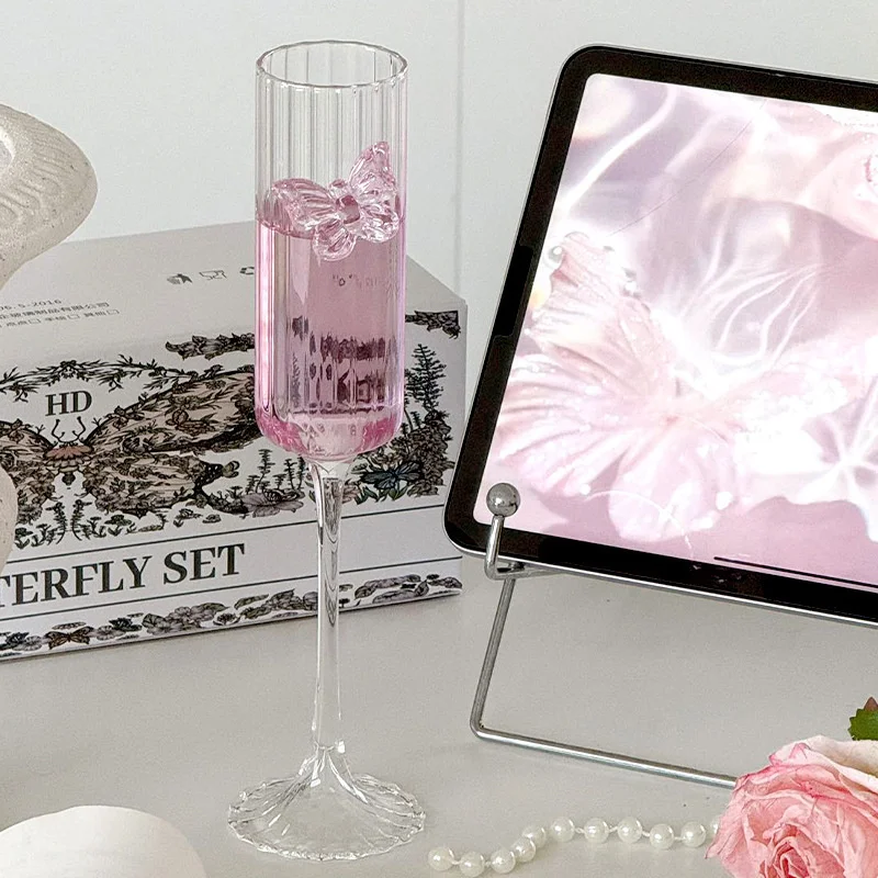 Pink Butterfly Champagne Flute High Borosilicate Glass Wine Goblet, Cute Cocktail Cup Wedding Party Home Table Decor, Ideal Gift