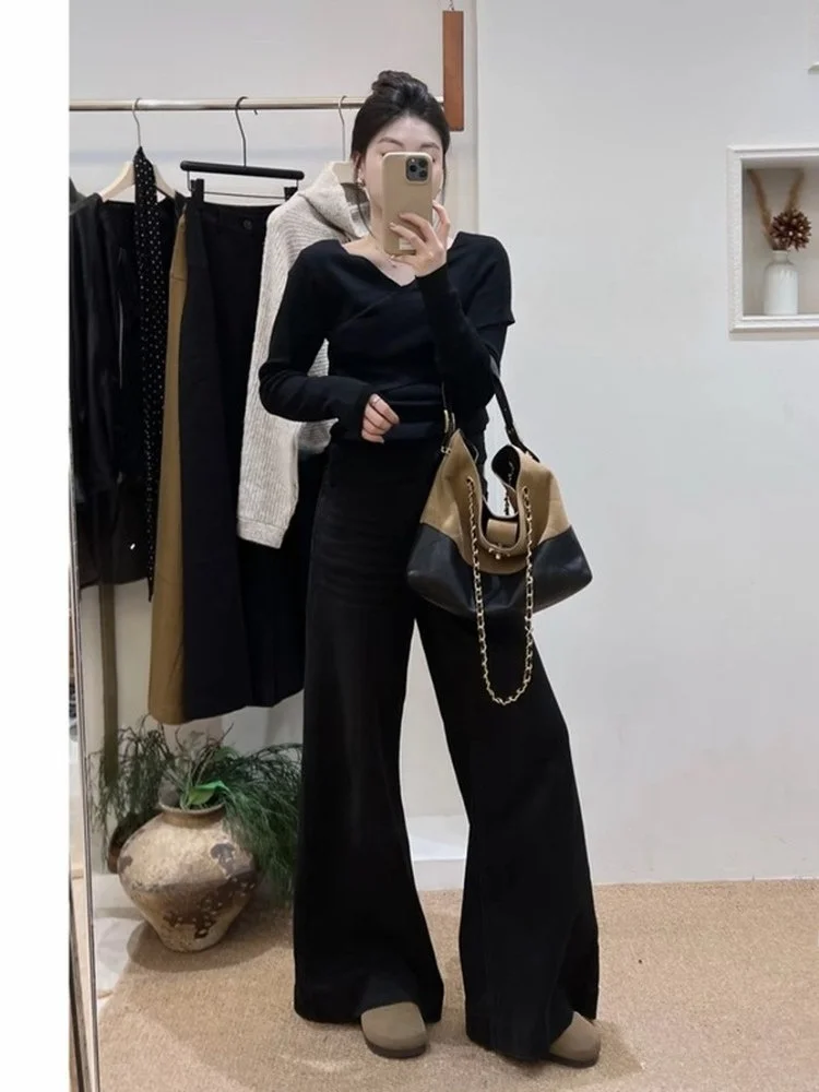 Koreanisches Sle Long Sve Cross Strickoberteil Damen Slim Fit Base Layer irt V-Ne Weich Bequem Alltagskleidung Faionable