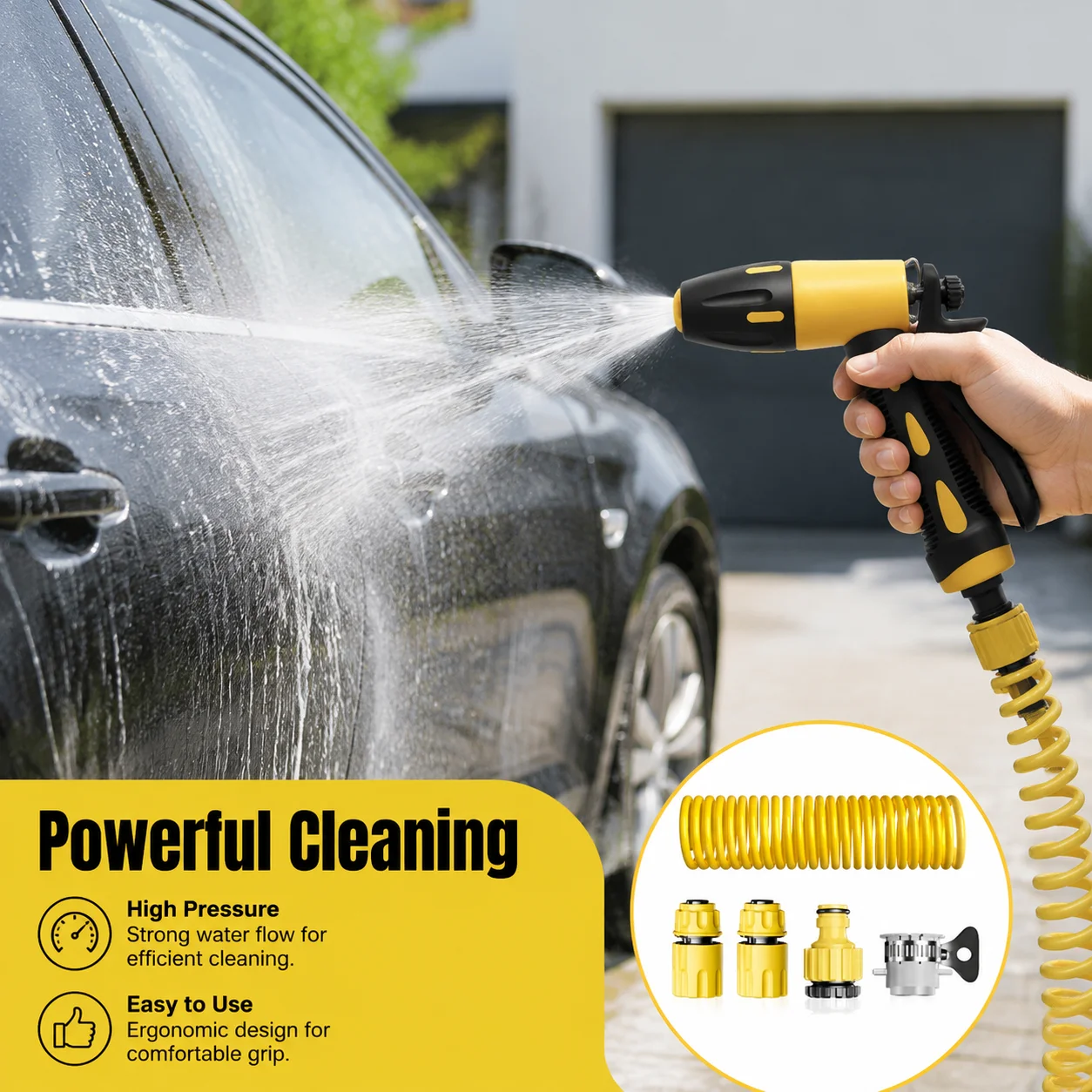 Expandable Coiled Water Hose 10m/20m for Car Wash & Garden Watering, Flexible Pipe with High Pressure Spray Gun, Portable