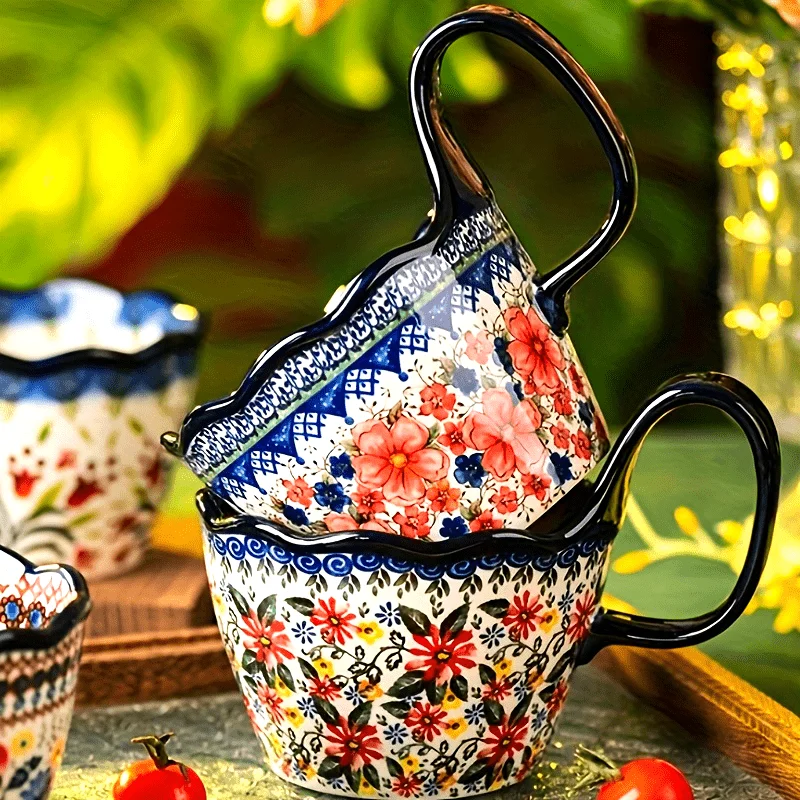 400Ml Ceramic Mugs Set Floral Design Polish Loop Handle Cup Small Soup Spoon Suitable for Home, Office Microwave Dishwasher Safe