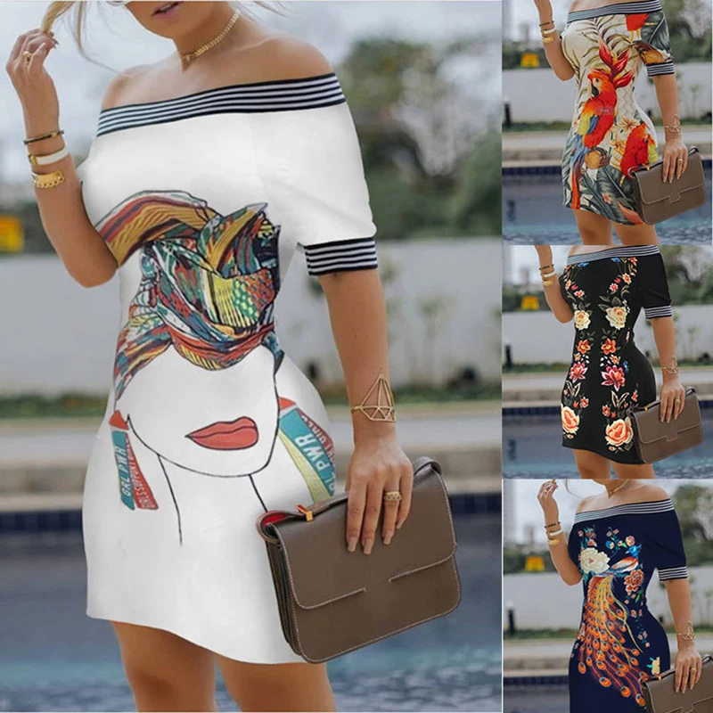 

Off Shoulder Fashion Print Vintage Women Dress Summer Slim Sexy Party Pencil Dresses Short Sleeve Female Elegant Dresses Vestido