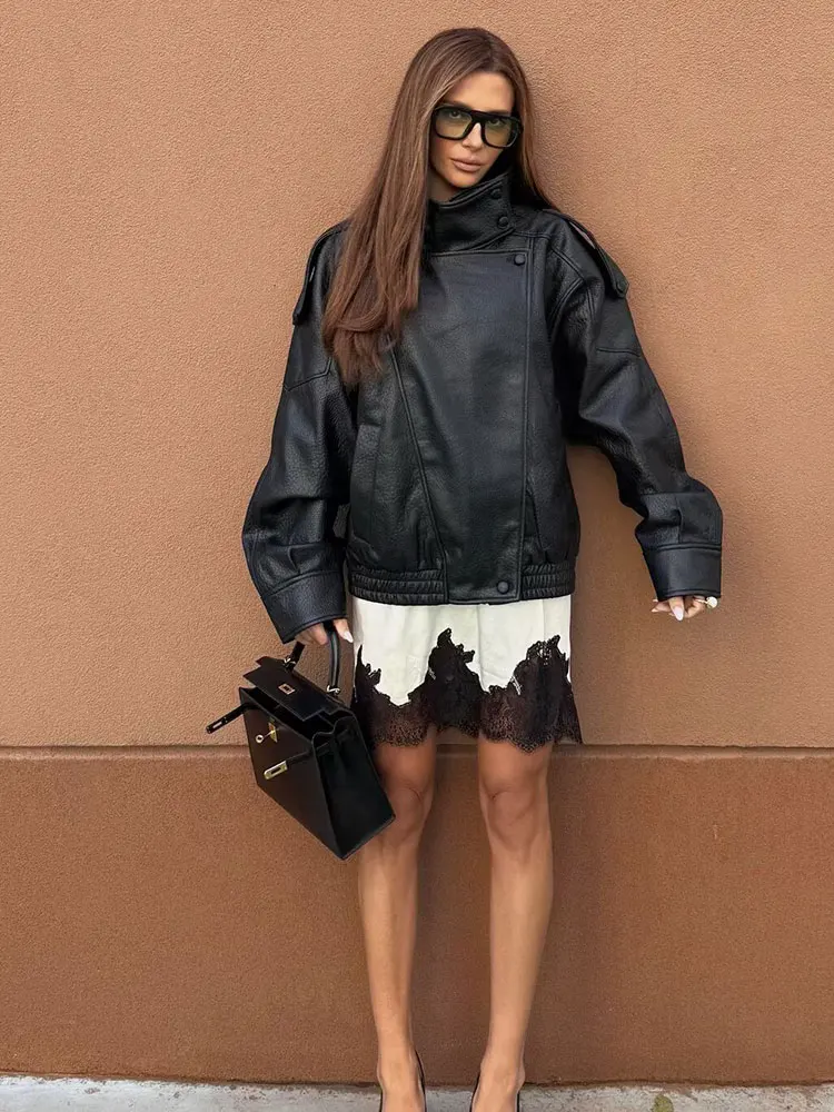 HH Autumn Women Faux Leather Jacket Turtleneck Long Sleeve Zipper Coat Winter Woman Vintage Motorcycle Leather Jackets Outerwear