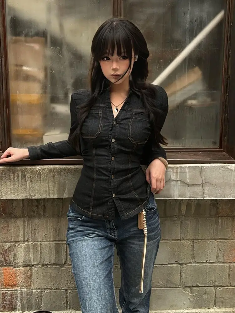 

Onalippa американская Y2K панк ретро стираная джинсовая куртка рубашка женская 2023 новая облегающая облегающая повседневная модная верхняя одежда топ