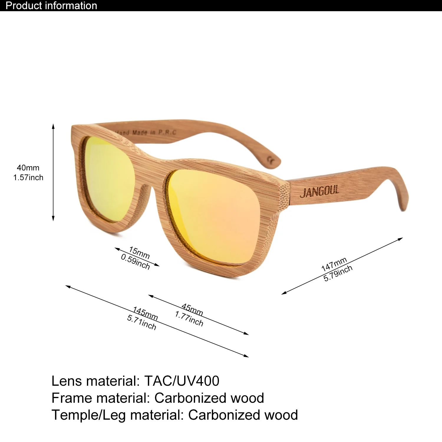 JANGOUL Unisex Carved Design Sunglasses Classic Bamboo Wooden Frame Polarized Vintage Natural Men Women Retro Handmade Eyewear