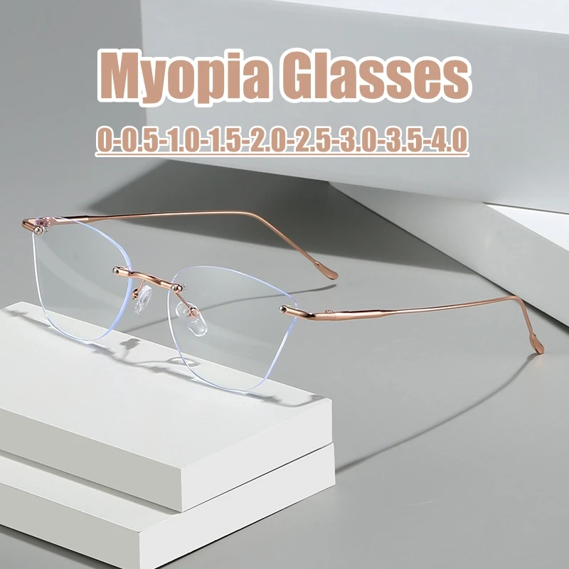 

Fashion Frameless Myopia Glasses Women Versatile Anti Blue Light Minus Diopter Glasses Retro Cat Eye Near Sight Eyewear-0.5-1.5