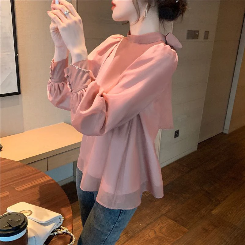 Spring Summer Solid Color Stand Collar Elegant Fashion Bow Shirt Lady Long Sleeve Temperament All-match Top Women Vintage Blouse