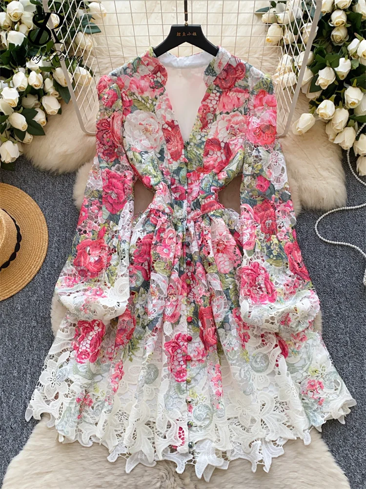 SINGREINY Vestido corto con estampado Floral de primavera, cuello en V, mangas acampanadas, diseño bordado, elegante, línea A, ropa de playa para mujer