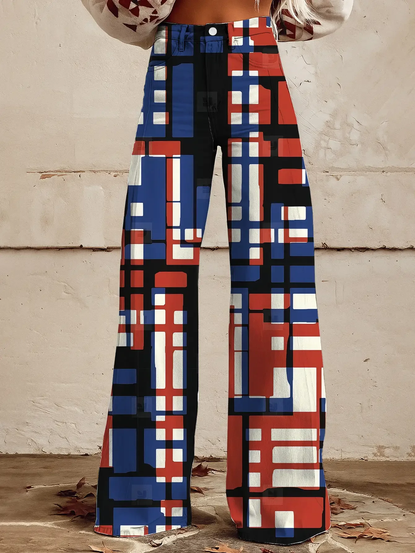 

Women's printed exquisite pattern wide leg imitation jeans, Non denim printed pants, high waisted loose flared pants