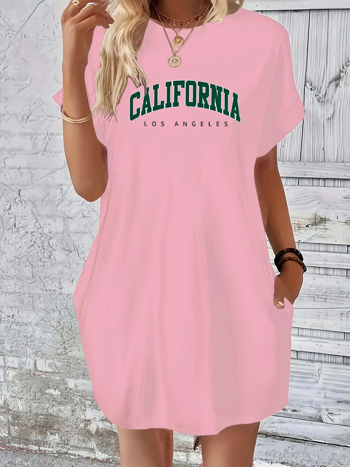 

Women's summer loose plus classic California Los Angeles letter printed round neck short sleeved pocket comfortable casual dress