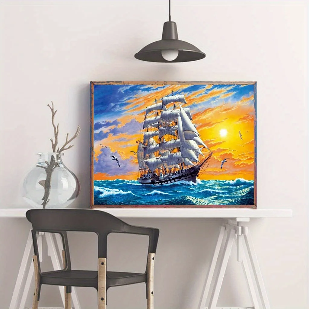 1pc DIY 5D Diamond Painting Full Diamond Sea ​​sailing Boat Diamond Painting,Handmade Home Art Gift Diamond Painting Kit