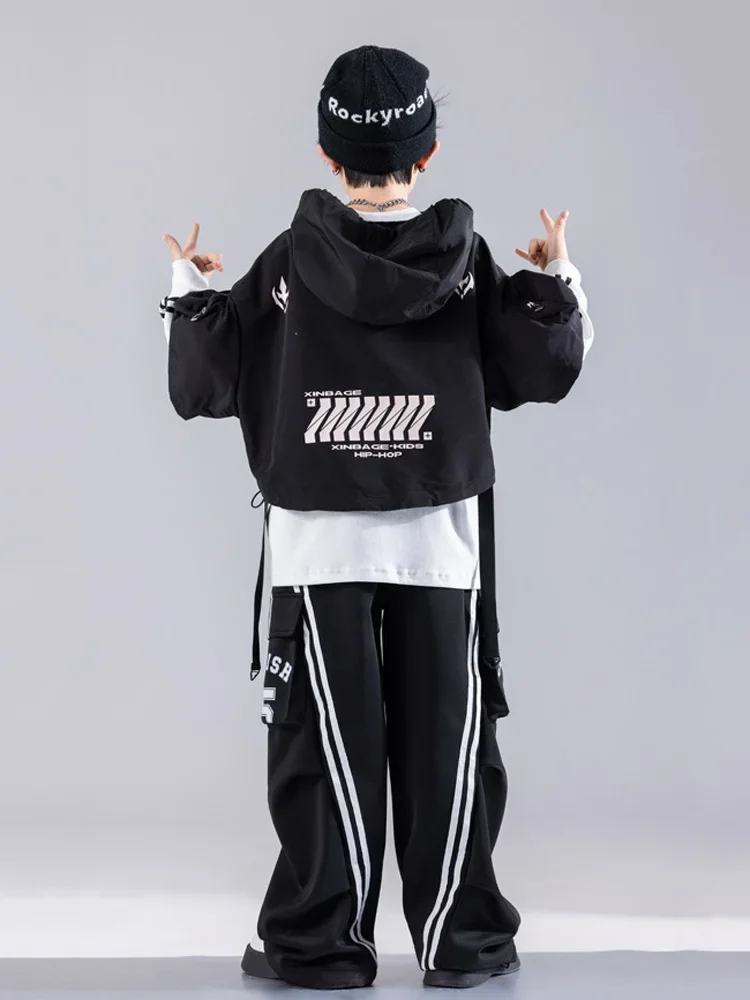 Jongens hiphopkleding witte tops zwarte cape zwarte zakken cargobroek voor meisjes kinderen jazzdans kostuum kledingset