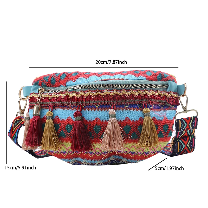 Women Ethnic  Style Waist Bags With Adjustable Strap Variegated Color Fanny Pack with Fringe Decor Crossbody Chest Bags