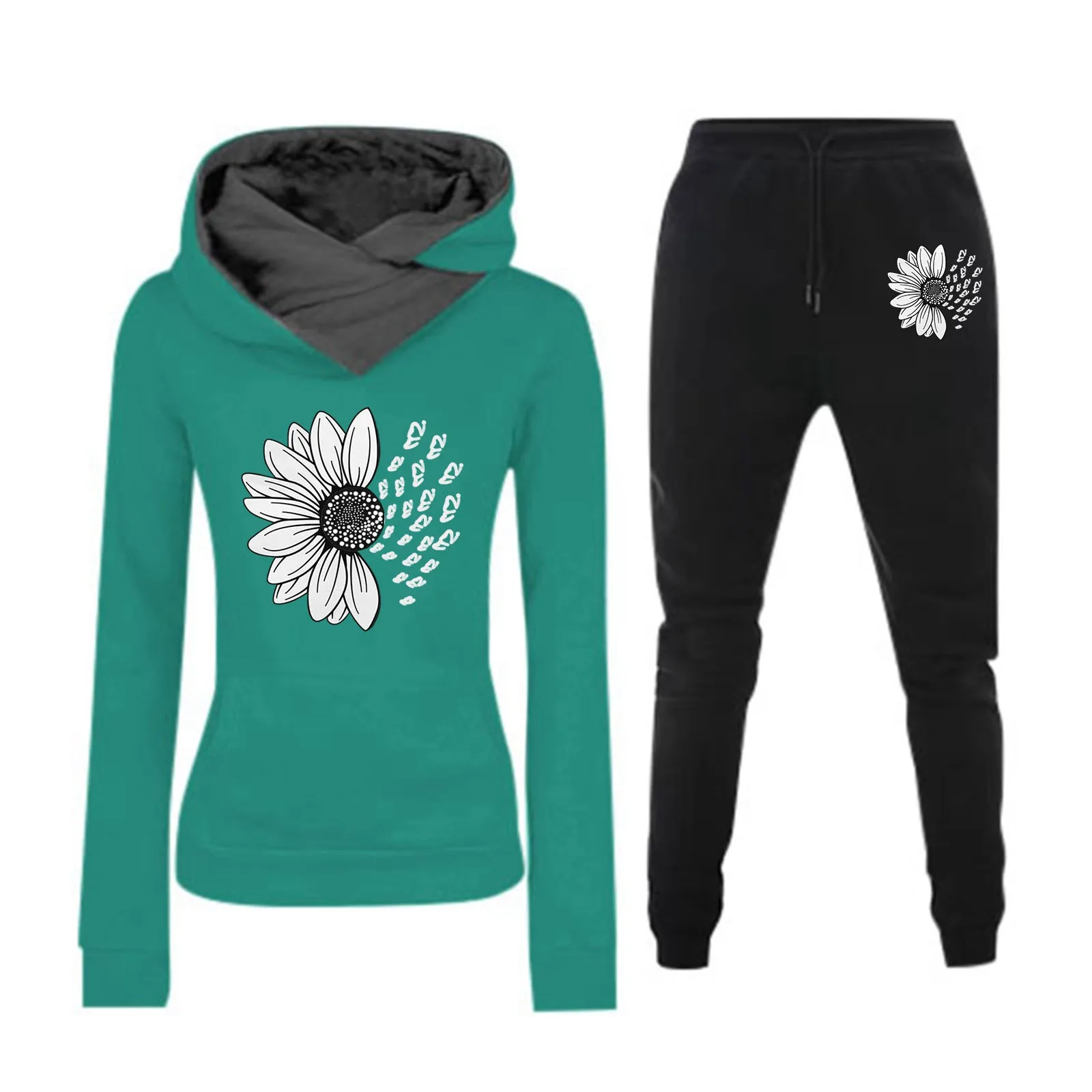 Women's Sunflower Print Fleece Lined Hoodie & Sweatpants Set Activewear For Style & Warmth Bridal Romper Ski Pants Bibs