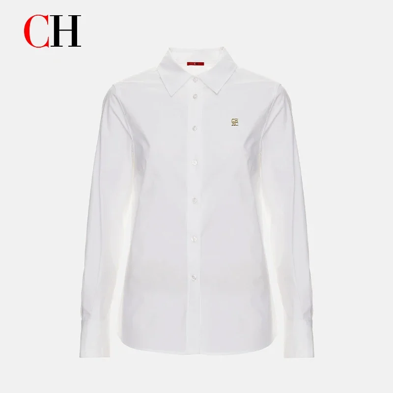 CH Ladies Long Sleeve Shirt Tiny Gold Logo Embroidery Lapel Collar Button Up Blouse Women Office Work Daily Casual Basic Shirts