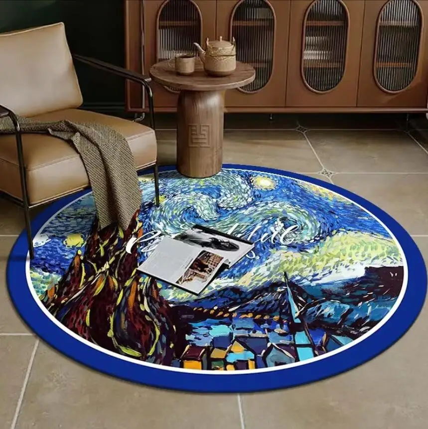 Abstract Art Chair Rug Living Room 3D Flower Oil Painting Nordic Round Carpet Room Decoration Anti-Slip Floor Mats Washable