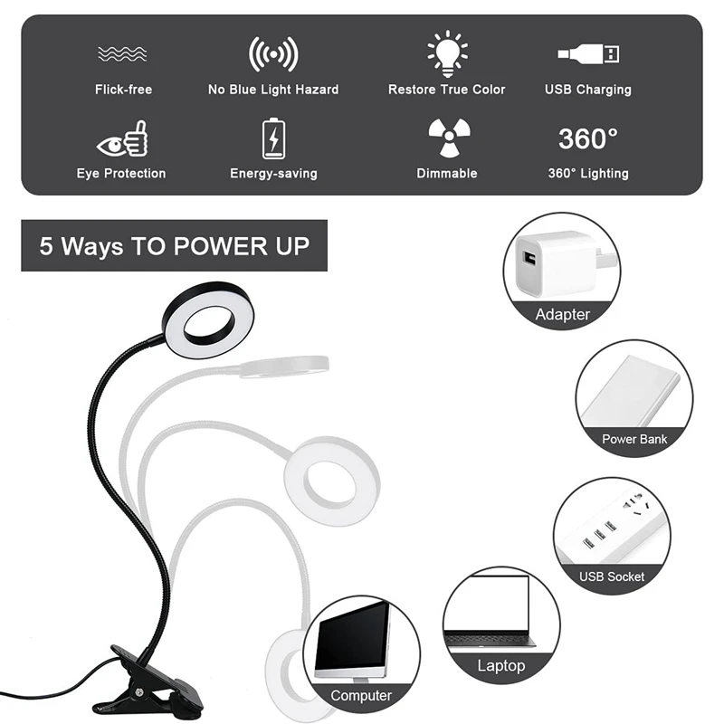 Desk Lamp, LED Clip On Light Reading Lights USB Book Clamp Light With 3 Color Modes Eye Protection Kids Desk Lamp Durable