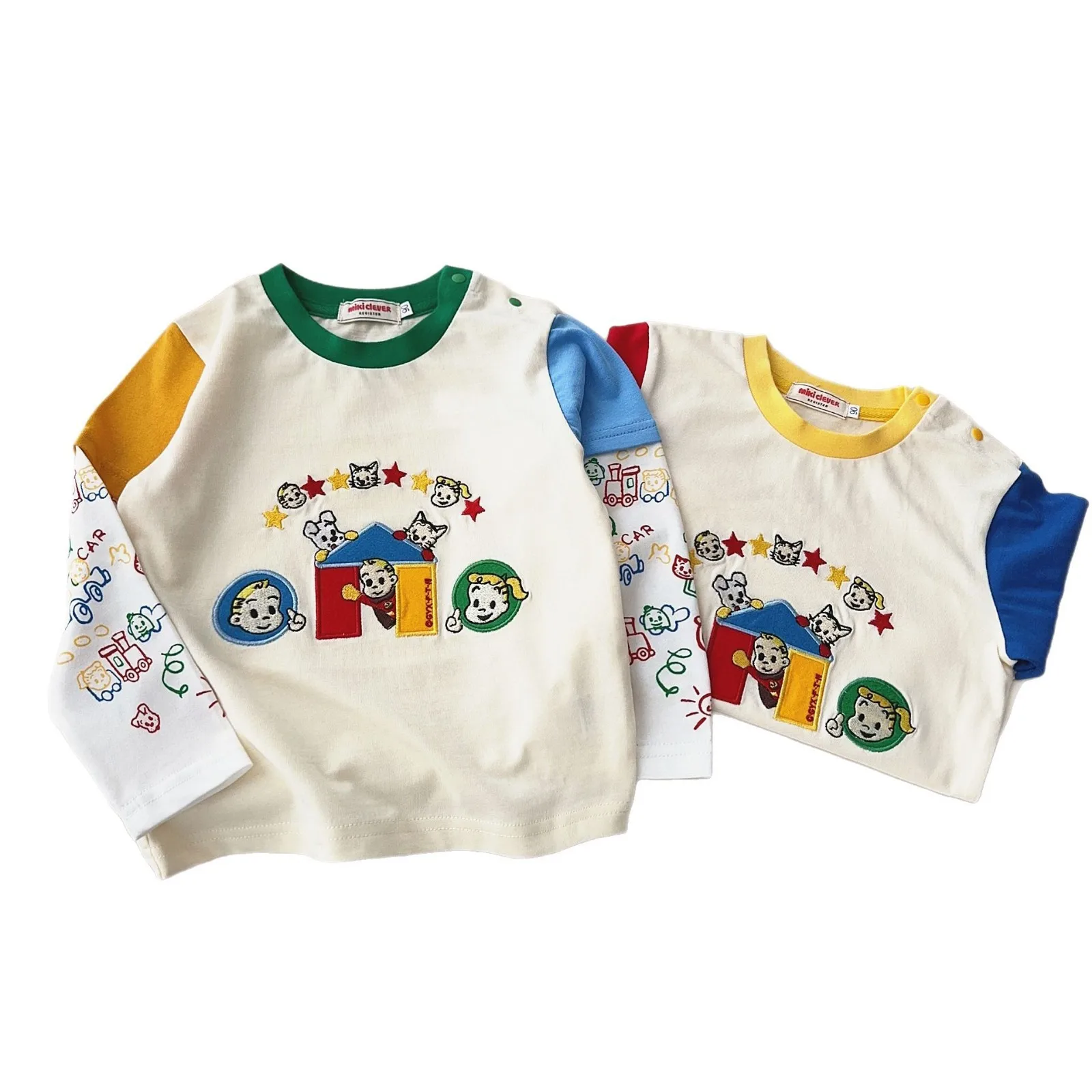 

Japanese Children's Clothing 2025 Spring New Item Children's Baby Fake Two Piece Cotton Cute Building Block Top Long Sleeved Top