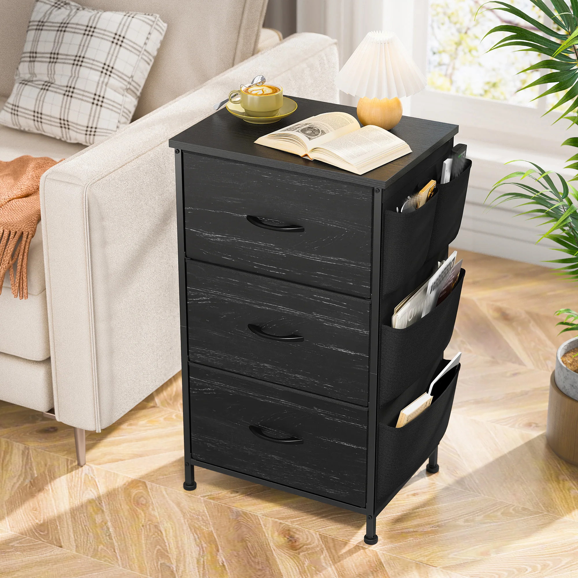EnHomee Set of 2 Nightstands, Metal Wood Storage Dresser with 3 Fabric Drawers & Side Storage Pockets for Bedroom, Closet, Hallway, Entryway