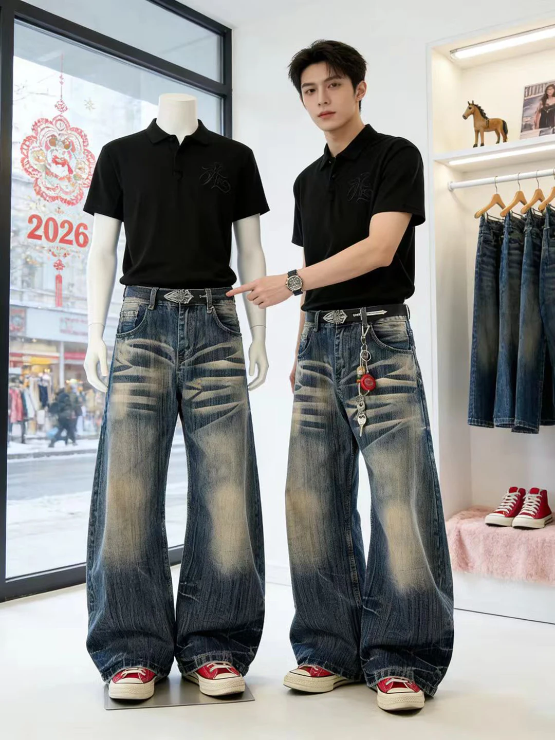 

Retro Blue Bamboo Node Pattern Men's Jeans American High Street Vibe Micro Flare Clean Fit Drapey Knife Casual Jeans