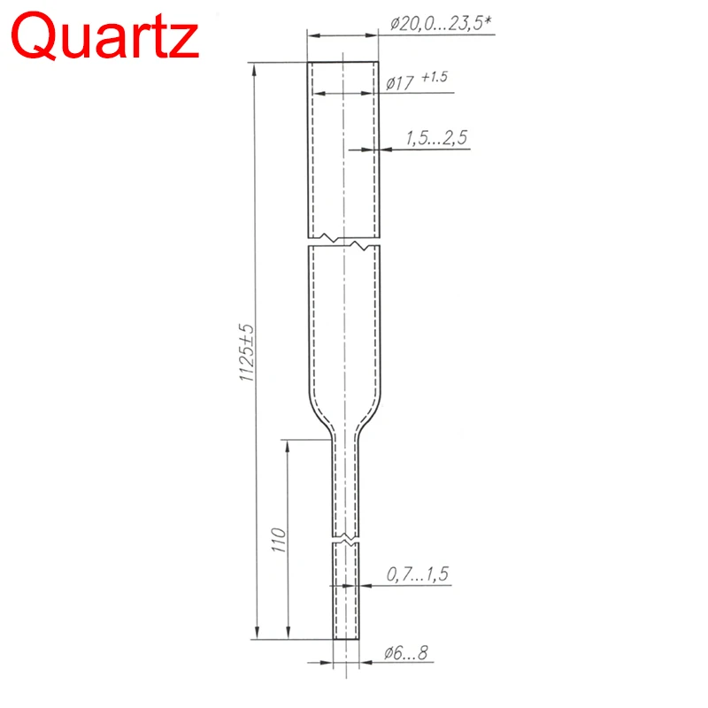 CHENGDU GLASSWARE Quartz glass tube, Custom made, Upper O.D. 20-23.5mm, Lower O.D. 6-8mm, Total length 1125mm, DZCP